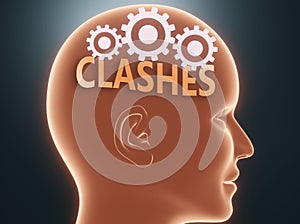 Clashes inside human mind - pictured as word Clashes inside a head with cogwheels to symbolize that Clashes is what people may photo