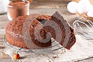 Clasic chocolate sponge cake, selective focus