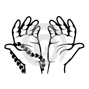 Clasped hands in prayer, hand palms with beads, namaz or Ramadan Muslim pray