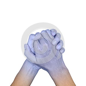 Clasped hands together with light blue color of Asian man. Concept of cold and clumsy hand