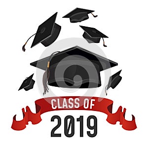 Class of 2019 graduation greeting card. Graduations caps thrown up with red ribbon. Grad vector poster