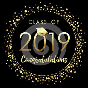 Class of 2019 graduation poster with gold glitter confetti