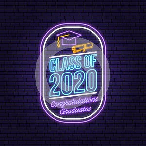 Class of 202 neon bright signboard, light banner. Vector. Template for the graduation party poster, flyer, lighting