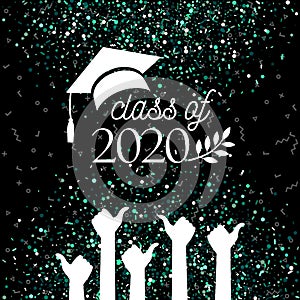 Class of 2020 graduate banner with hat, laurel, hands with thumbs up sign as like on confetti background for invitation, greeting