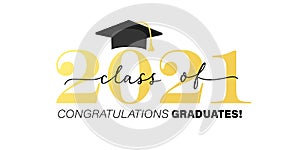 Class of 2021 black and gold badge design template. Congratulations graduates banner with gold lettering. Vector illustration