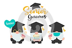 Class of 2021. Gnomes holding a senior graduation diploma. isolate on white background