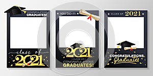 Class of 2021. Graduation party photo booth props set. Photo frame for grads with caps and confetti. Congratulations graduates