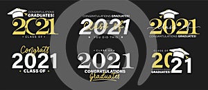 Class of 2021 vector badges set. Congrats graduates concept. Black, gold and white graduation logo collection