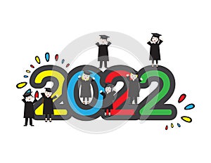 Class of 2022 colorful banner, Yellow Blue Red Green numbers and students wearing academic caps