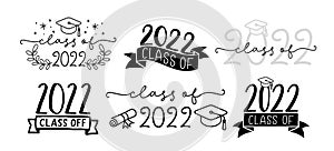 CLASS OF 2022 set of graduation logo with cap and diploma for high school, college graduate