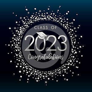 Class of 2023 Congratulations on a black circle with silver glitter confetti