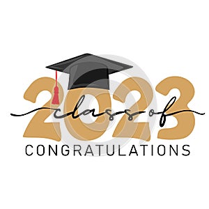 Class of 2023, congratulations. Handwritten text with graduation cap