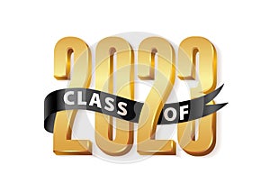 Class of 2023 Gold Lettering Graduation 3d logo with black ribbon. Graduate design yearbook Vector illustration