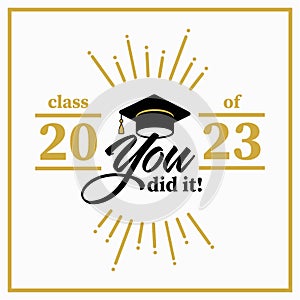 Class of 2023 Gold Lettering Graduation 3d logo with black ribbon. Graduate design yearbook Vector illustration