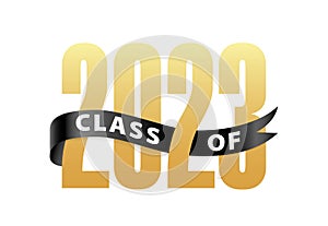 Class of 2023 Gold Lettering Graduation 3d logo with ribbon. Graduate design yearbook Vector illustration