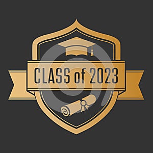 Class of 2023. The graduate`s emblem with a cap and a scroll. Vector illustration for diploma, certificate, thematic and creative