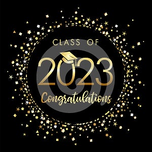 Class of 2023 graduation poster with gold glitter confetti