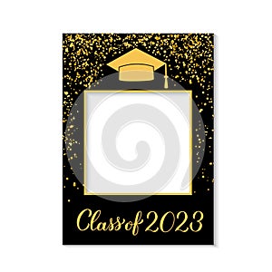 Class of 2023 photo booth frame graduation cap isolated on white. Graduation party photobooth props. Grad celebration