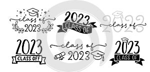 CLASS OF 2023 set of graduation logo with cap and diploma for high school, college graduate