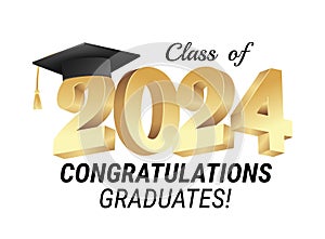 Class of 2024. Congratulations graduates gold graduation concept with 3d text vector illustration