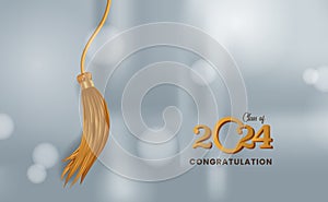 class of 2024 Happy graduation party celebration invitation with gold tassel graduate collage with silver bokeh background