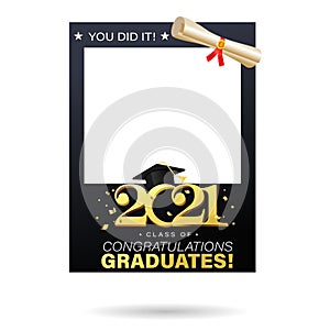 Class of 2021 black and gold design template for graduation photo booth props. Congratulations graduates frame for selfie.