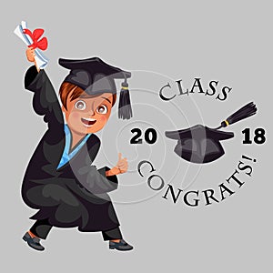 Class of 2018 congrats colorful flat poster with happy cheerful graduate in gown and cap vector illustration