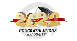 Class of 2022. Congratulations graduates gold graduation concept with 3d text vector illustration