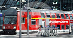 Airport-express Schonefeld Airport train in Berlin Central rail terminal.