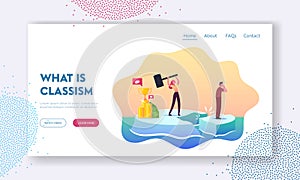 Class Discrimination, Inequity Landing Page Template. Wealthy Female Hitting Ice Floe with Hammer to Drive Out Poor Man