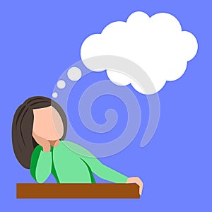 In class, the girl thinks. A woman sits at a table up to her waist. white cloud for text.