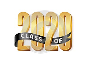 Class of 2020 Gold Lettering Graduation 3d logo with black ribbon. Graduate design yearbook Vector illustration