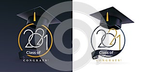 Class of 2021 with graduation cap. Congratulations on graduation with the inscription graduate. Set of Flat simple design. Vector