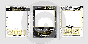 Class of 2021. Graduation party photo booth props set. Photo frame for grads with caps and scrolls. Congratulations graduates photo