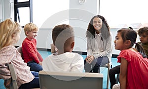 A class of infant school children sitting on chairs in a circle in the classroom talking to their female teacher