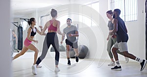 Class, lunges or people in gym for fitness workout, cardio exercise or healthy wellness in aerobics group. Diversity