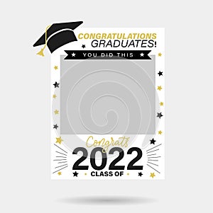 Class of 2022 photo booth prop design. Congratulations graduates lettering vector illustration. Typography photo template for