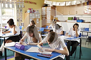 Class of primary school kids studying in a classroom photo