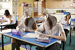 Class of primary school kids studying during a lesson, close up