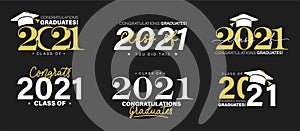 Class of 2021 vector badges set. Congrats graduates concept. Black, gold and white graduation logo collection photo