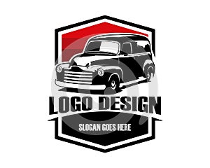 Classic 1965 panel truck logo isolated white background side view.