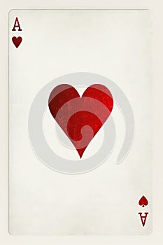 A classic Ace of Hearts playing card with a textured red heart on a weathered white background