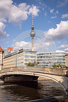 Classic aerial wide-angle view of Berlin skyline with famous TV tower