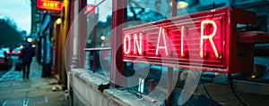 Classic ON AIR illuminated sign in bold red letters indicating live broadcast or recording in progress in a radio