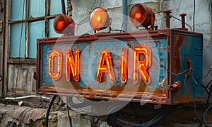 Classic ON AIR illuminated sign in bold red letters indicating live broadcast or recording in progress in a radio