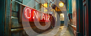 Classic ON AIR illuminated sign in bold red letters indicating live broadcast or recording in progress in a radio