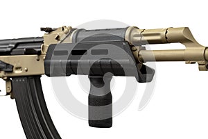 Classic AK automatic carbine in a modern body kit. Soviet army weapons isolate on a white back