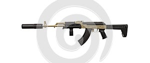 Classic AK automatic carbine in a modern body kit. Soviet army weapons isolate on a white back. Machine gun with a silencer