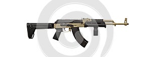 Classic AK automatic carbine in a modern body kit. Soviet army weapons isolate on a white back