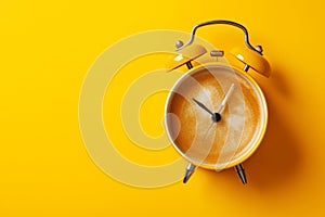 Classic alarm clock with coffee instead of a clock face isolated on a yellow background with copy space. Coffee break, morning